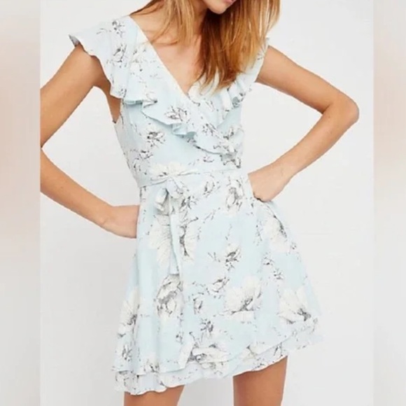 Free People Dresses & Skirts - Free People French Quarter Mini Wrap Dress Blue Floral Size Large